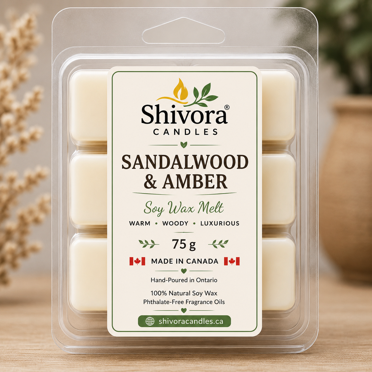 Sandalwood Amber Soy Wax Melt 75 g hand-poured in Canada natural soy wax melt with warm amber and sandalwood fragrance